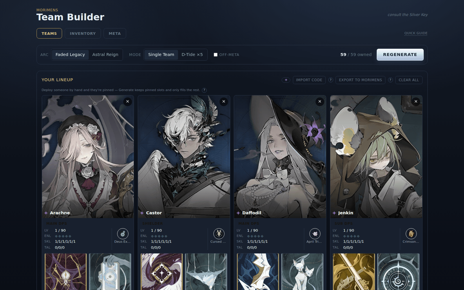 Morimens Team Builder lineup board